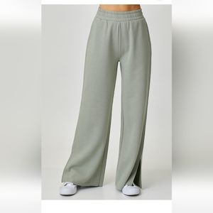 SOFT KNIT WIDE LEG WITH SLIT HEM LOUNGE PANTS IN SAGE COLOR
